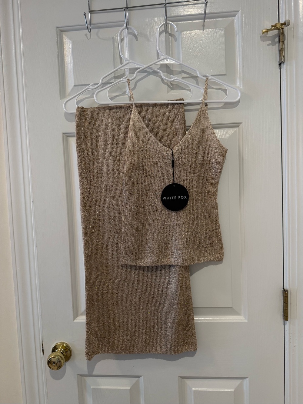 White Fox Boutique Metallic Knit Maxi Skirt & Cami Set in Champagne Gold